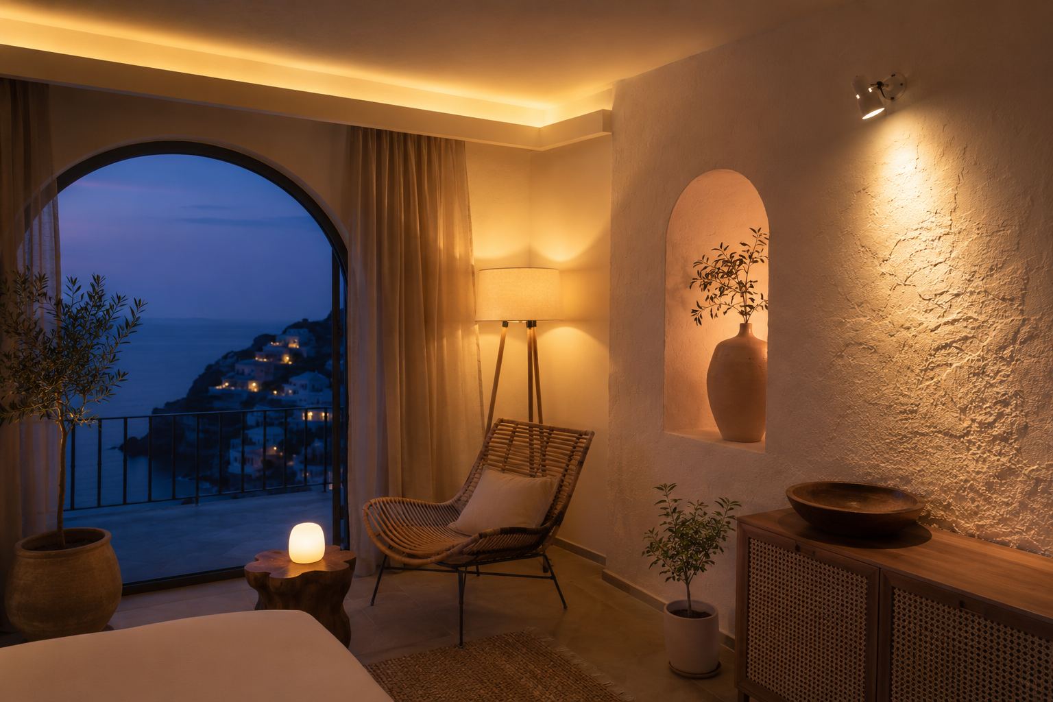 Layered lighting plan with warm floor lamp, wall accent and ambient glow