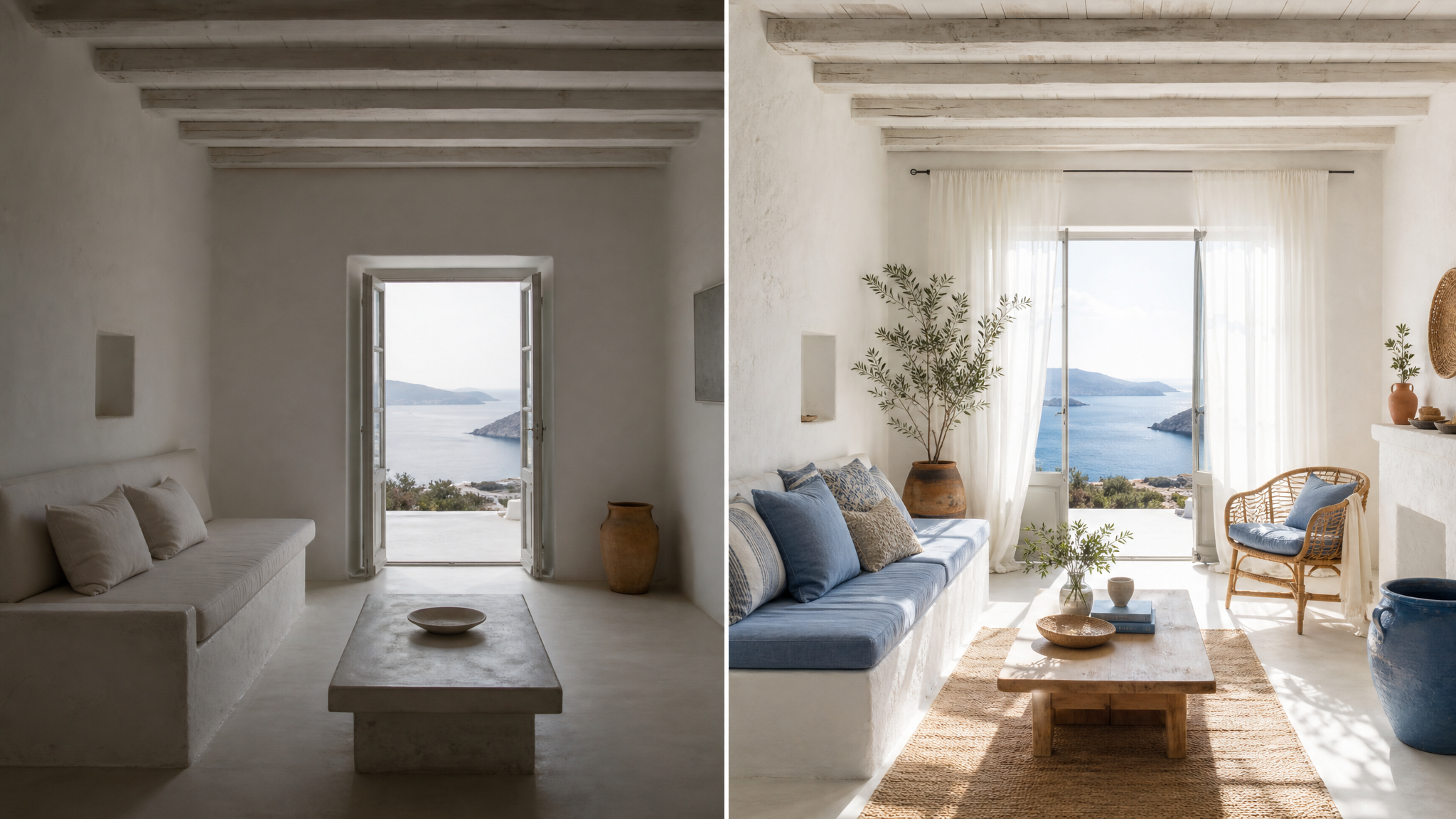 Before and after of a whitewashed Aegean coastal living room in bright midday light