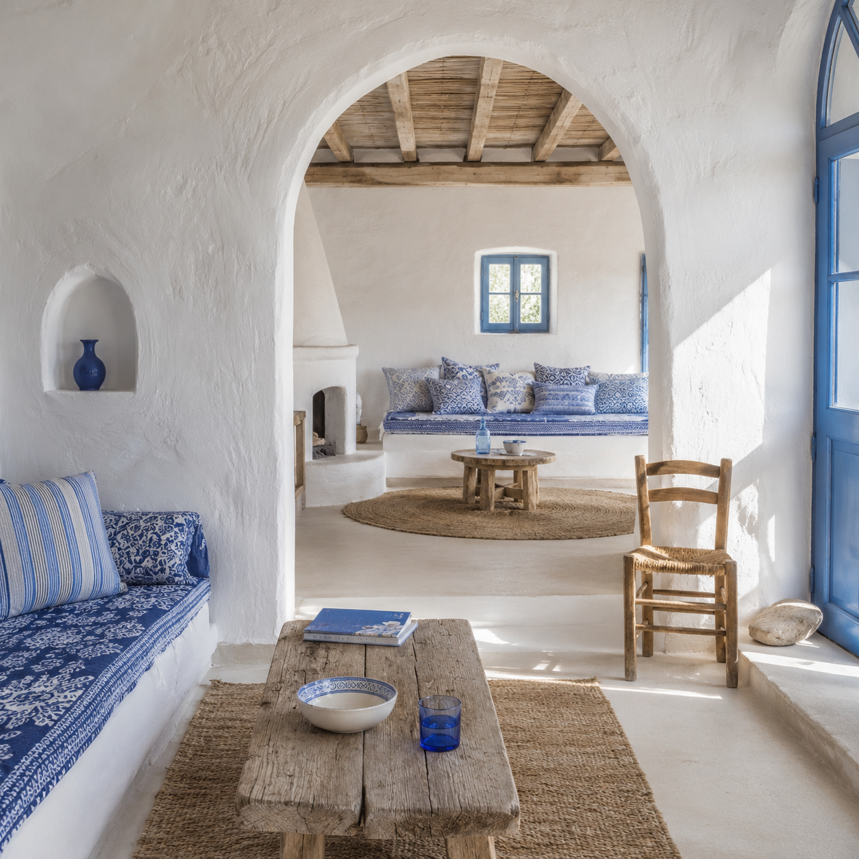 Aegean whitewash interior with blue and white textiles
