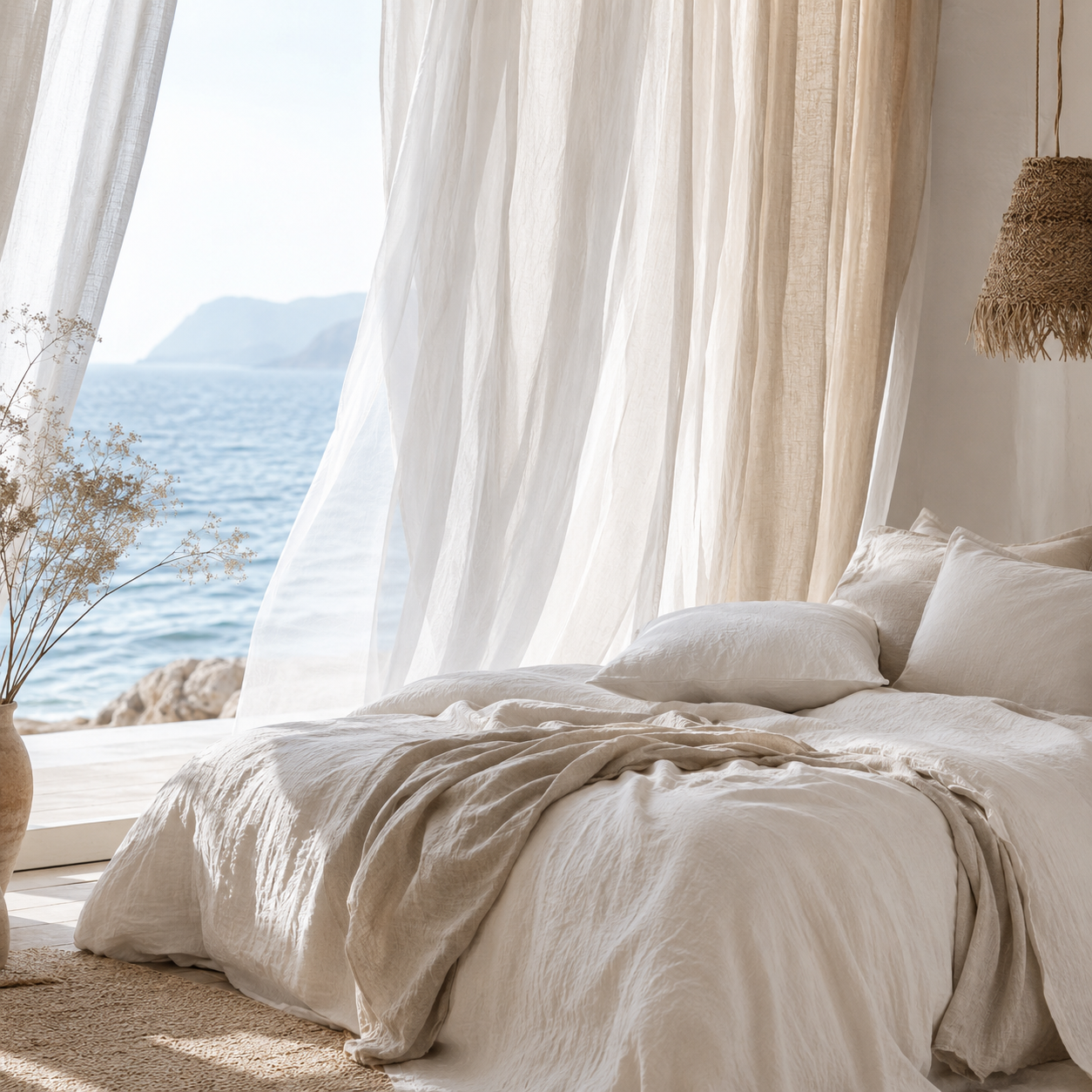 Breezy Linen — Flowing linen, soft neutrals, gentle sea-breeze light.