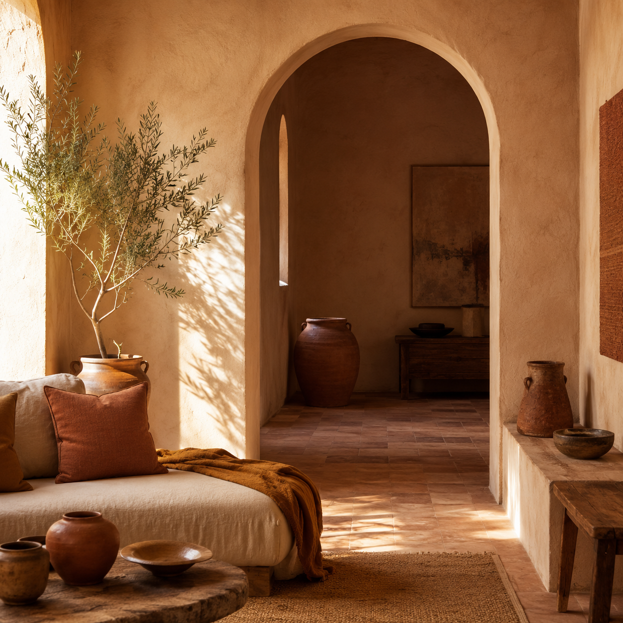 Warm Mediterranean — Ochre and terracotta, arches, olive, sun-baked plaster.